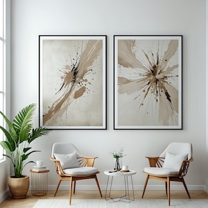 Set of 2 Neutral Abstract Modern Art Prints - Minimalist Wall Decor