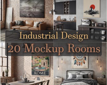 May include: A collage of four interior design mockups with an industrial theme. The image includes a living room with a leather sofa, a kitchen with dark cabinets, a dining room with a wooden table, and a bedroom with a metal bed frame. Text reads "Industrial Design 20 Mockup Rooms."