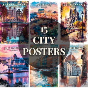 Set of 15 Colorful European City Posters – Vibrant Digital Art Prints of Iconic European Landmarks & Skylines
