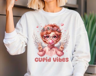 Sudadera de Cupido, lindo ángel como regalo de San Valentín para ella, camiseta retro con vibraciones de amor, sudadera de San Valentín, vibraciones de amor, camiseta de Cupido