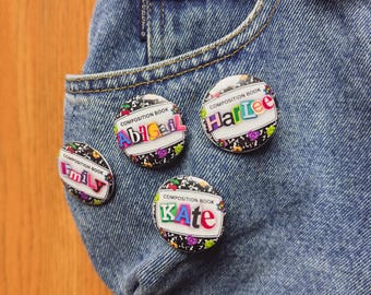 Custom Name Button Pin: Composition Book Style - Back-to-School Badge