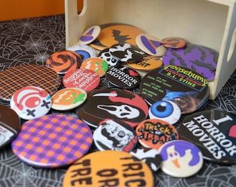 Halloween Mystery Button Pin Pack: Handmade Spooky Designs (5-Piece Set)