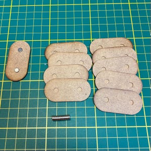 Könnte beinhalten: Zehn braune, ovale geformte Holzstücke mit jeweils zwei Löchern und ein Stapel kleiner silberner Magnete auf einer grünen Gitteroberfläche.