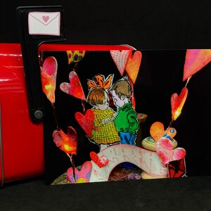 cartão postal de amor com 2 amigos e corações, cartão de dia dos namorados de obras de arte originais, cartão de galentines para amigo, cartão de aniversário para pessoa amada