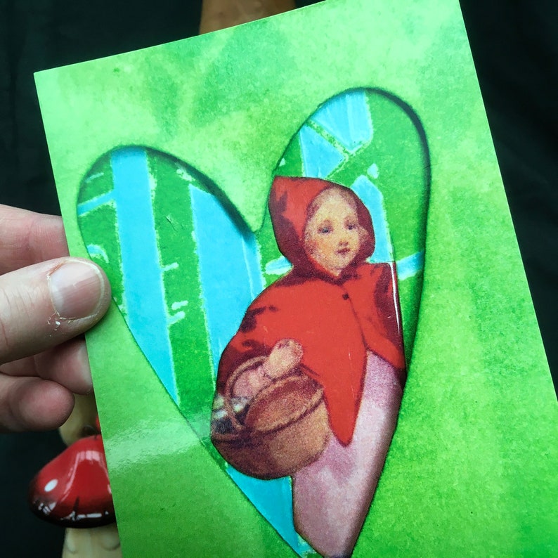 postcard little Red Riding hood , red hood birthday card, fairy tale anniversary card, real photo postcard with heart, be brave little one image 4
