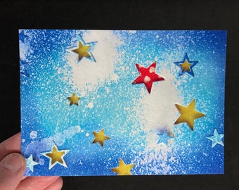 postcard with starry sky,  care card with stars, thinking of you  postcard with nebula and stars,  astronomy card with night sky