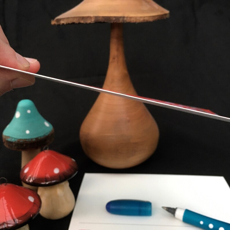 Puede incluir: Primer plano de una regla de metal plateada que est&aacute; siendo sostenida por una mano. La regla est&aacute; colocada sobre un jarr&oacute;n de madera con forma de hongo y tres peque&ntilde;os hongos pintados. Los hongos est&aacute;n pintados de rojo, azul y verde con lunares blancos.