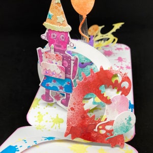 ロボットとモンスターのポップアップ誕生日カード、孫のための手作り記念日カード、幼児用 3D カード、子供のパーティー用の面白いカード