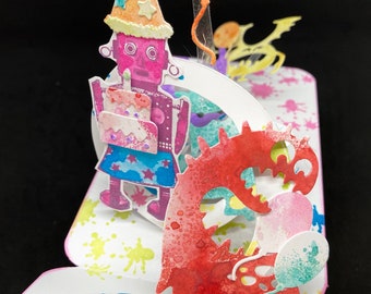 pop up tarjeta de cumpleaños con robots y monstruos, tarjeta de aniversario hecha a mano para nieto, tarjeta 3d para niño pequeño, tarjeta divertida para la fiesta de los niños