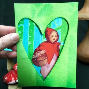 postcard little Red Riding hood , red hood birthday card, fairy tale anniversary card, real photo postcard with heart, be brave little one image 5