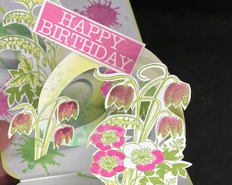 tarjeta emergente con flores de primavera, tarjeta 3D con flores helleborus, tarjeta de cumpleaños feliz floral, tarjeta de aniversario lindo para mamá o esposa
