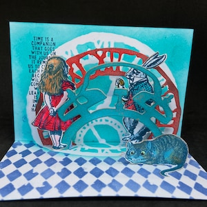 carte pop-up Alice au pays des merveilles, carte d'anniversaire pop-up avec chat du Cheshire et lapin blanc, carte d'anniversaire geek avec citation de temps, carte d'amour