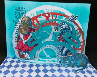 pop up card Alice in Wonderland, pop up birthday card with Cheshire cat and white rabbit, geek anniversary card with time quote , love card