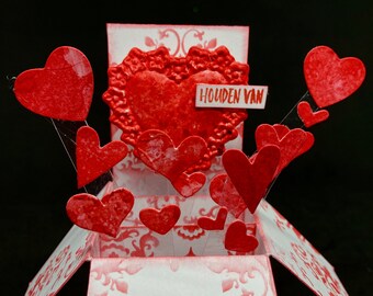 tarjeta emergente con corazones, tarjeta de San Valentín, tarjeta de amor, tarjeta 3D roja y blanca con corazones, tarjetas emergentes para boda, regalo de novia
