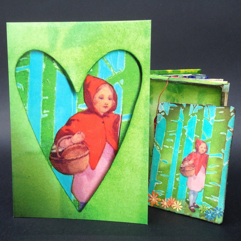 postcard little Red Riding hood , red hood birthday card, fairy tale anniversary card, real photo postcard with heart, be brave little one image 1