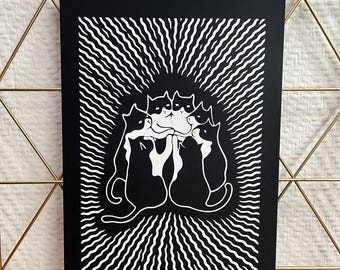 Sérigraphie artisanale numérotée - La conspiration des chats - impression à la main - Format A4