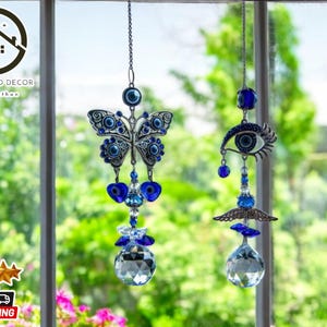Evil Eye Suncatcher with Wing | Crystal Ball Sun Catcher | Home Protective Window Hanging | Spiritual Chimes Ornament Decor
