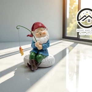 Fishing Gnome Figurine | Resin Garden Statue with Pole | Funny Outdoor Yard Decor | Mini Pond & Planter Accent | Whimsical Gift Idea