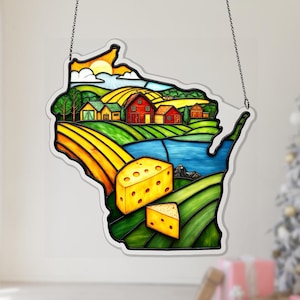 Wisconsin Souvenir Ornament, State Map Acrylic Suncatcher, Christmas Travel Gift, Faux Stained Glass Décor