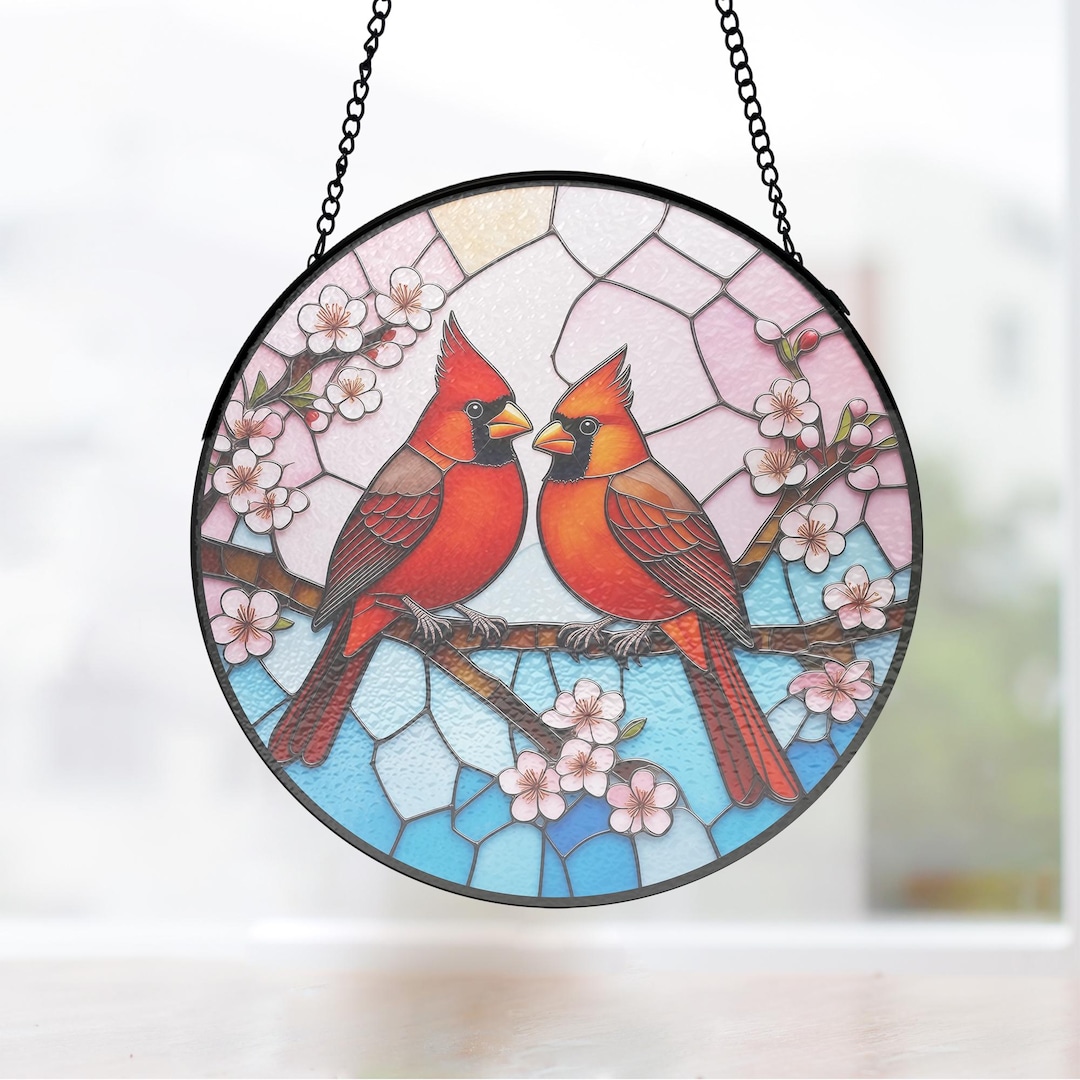 Black Frame Love Birds Cardinals Window Hanging, Red Bird Stained Glass ...