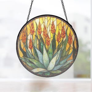 Aloe Vera Botanical Painted Glass Hanging, Black Frame Window Panel for Cottage Garden Decor, round botanical panel, plant lover gift
