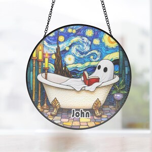 Aangepaste spooklezing Van Gogh Suncatcher, cadeau voor haar, glas-in-lood badkamer Halloween-decor