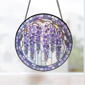 Chinese Wisteria Painted Glass Panel, Jewel Tone Window Hanging for Wife Anniversary Gift, flower window ornament, glass flower ornament