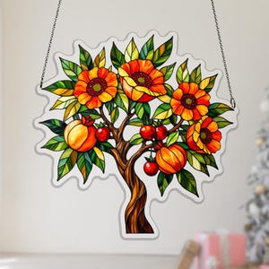 Punica Granatum Acrylic Suncatcher, Orange Red Blossoms Window Hanging for Plant Lovers, ruby fruit decor, acrylic window decor