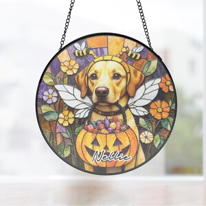 Custom Bee Costume Chocolate Yellow Labrador Retriever dog Suncatcher, Fall Gift with Jack-o'-lantern, Stained Glass for Her