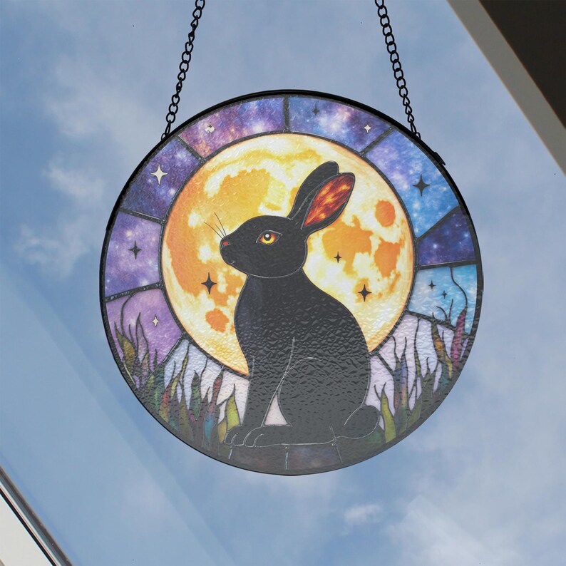 Stained Glass Spring Rabbit Black Rabbit Full Moon Stained Glass Window Decor, Glass Suncatcher ...