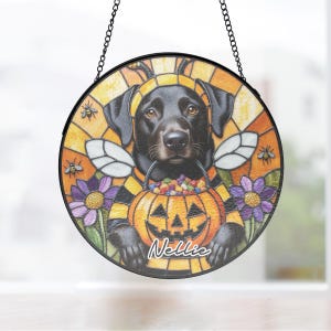 Custom Bee Costume black Labrador Retriever dog Suncatcher, Fall Gift with Jack-o&#39;-lantern, Stained Glass for Her