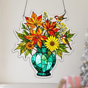 Apanhador de Sol Acrílico com Crisântemos Dourados e Folhas de Bordo, Vaso Turquesa para Decoração de Janela no Outono, Decoração Floral Turquesa