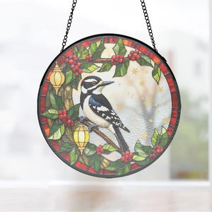 Downy Woodpecker Round Painted Glass Hanging, Snowflake Window Decor, Garden Gift, Woodpecker Window Hanging, Winter Window Decor