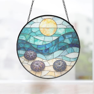Deep Purple Sea Urchin Stained Glass Suncatcher Circular Window Decor Gift for Mom, beach window art, coastal suncatcher