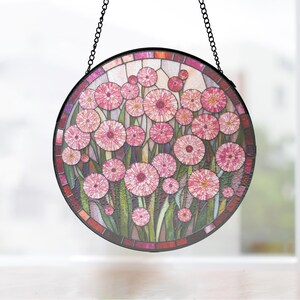 Pink Blood Lily Botanical Stained Glass Panel, Round Window Hanging for Memorial Keepsake, window hanging decor, stained glass decor