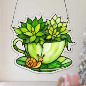 Trailing Succulent Teacup Acrylic Suncatcher, String of Pearls Snail Decor for Kitchen Window, string pearls, botanical hanging