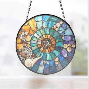 Spiral Seashell Stained Glass Suncatcher, Jewel Tone Circular Window Ornament New Home Gift, seashell wall hanging, ocean suncatcher