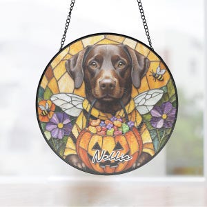 Custom Bee Costume Chocolate Labrador Retriever dog Suncatcher, Fall Gift with Jack-o&#39;-lantern, Stained Glass for Her