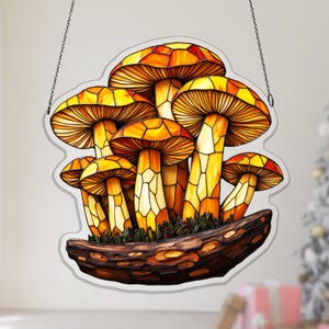 Amber Cap Shiitake Acrylic Suncatcher, Mushroom Log Window Hanging Decor with Woodland Art Style, acrylic window hanging