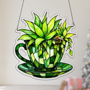 Overflowing Succulent Cup Acrylic Suncatcher, Green Window Hanging for Kitchen Garden Decor, string of pearls, bee leaf decor