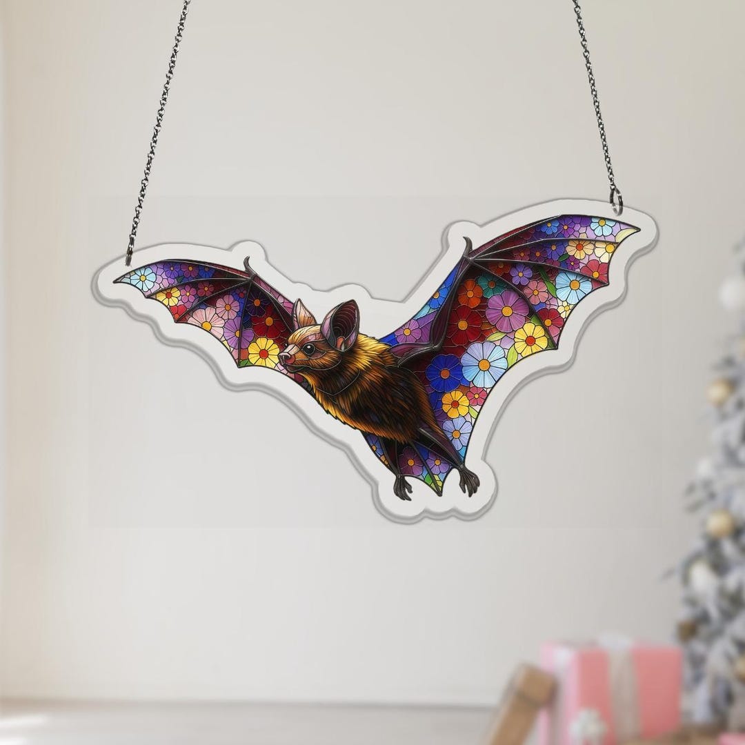 Bat Window Suncatcher Gift, Floral Acrylic Faux Stained Glass Hanging ...