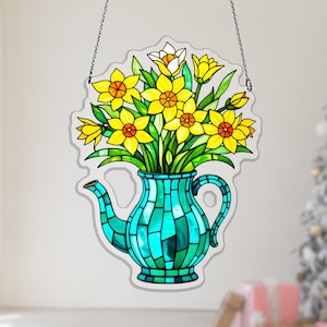 Vintage Turquoise Coffee Kettle Acrylic Suncatcher, Daffodil Tulip Bouquet Window Decor for Moms, coffee lover gift, kitchen window decor