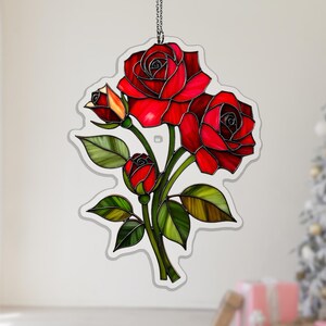 Petite Ruby Bud Rose Acrylic Window Hanging, Floral Suncatcher for Flower Lovers, botanical sun catcher, window hanging decor