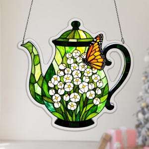 French Romantic Teapot Acrylic Suncatcher, Lily of the Valley Butterfly Window Hanging, spring flower decor, flower lover gift