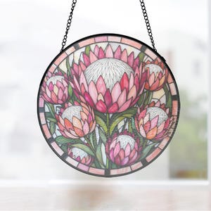 Rose and Magenta King Protea Black Framed Painted Glass Panel Cottage Window Gift for Gardener, housewarming flower gift