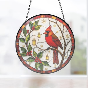 Christmas Cardinal Painted Glass Hanging, Holly Berry Window Decor, Mom Gift for Bird Lovers, cardinal bird gift, holly berry decor