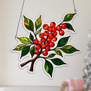 Whitethorn Acrylic Suncatcher, Pink Blossom and Red Berry Window Hanging for Sunny Kitchen Decor, berry suncatcher, red berry decor