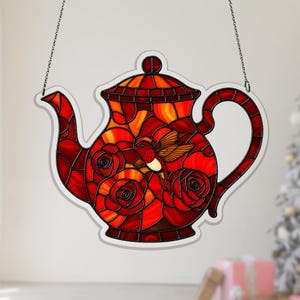 Thorny Red Rose Teapot Acrylic Window Hanging, Hummingbird Floral Decor, Storybook Tea Corner Art, botanical window decor