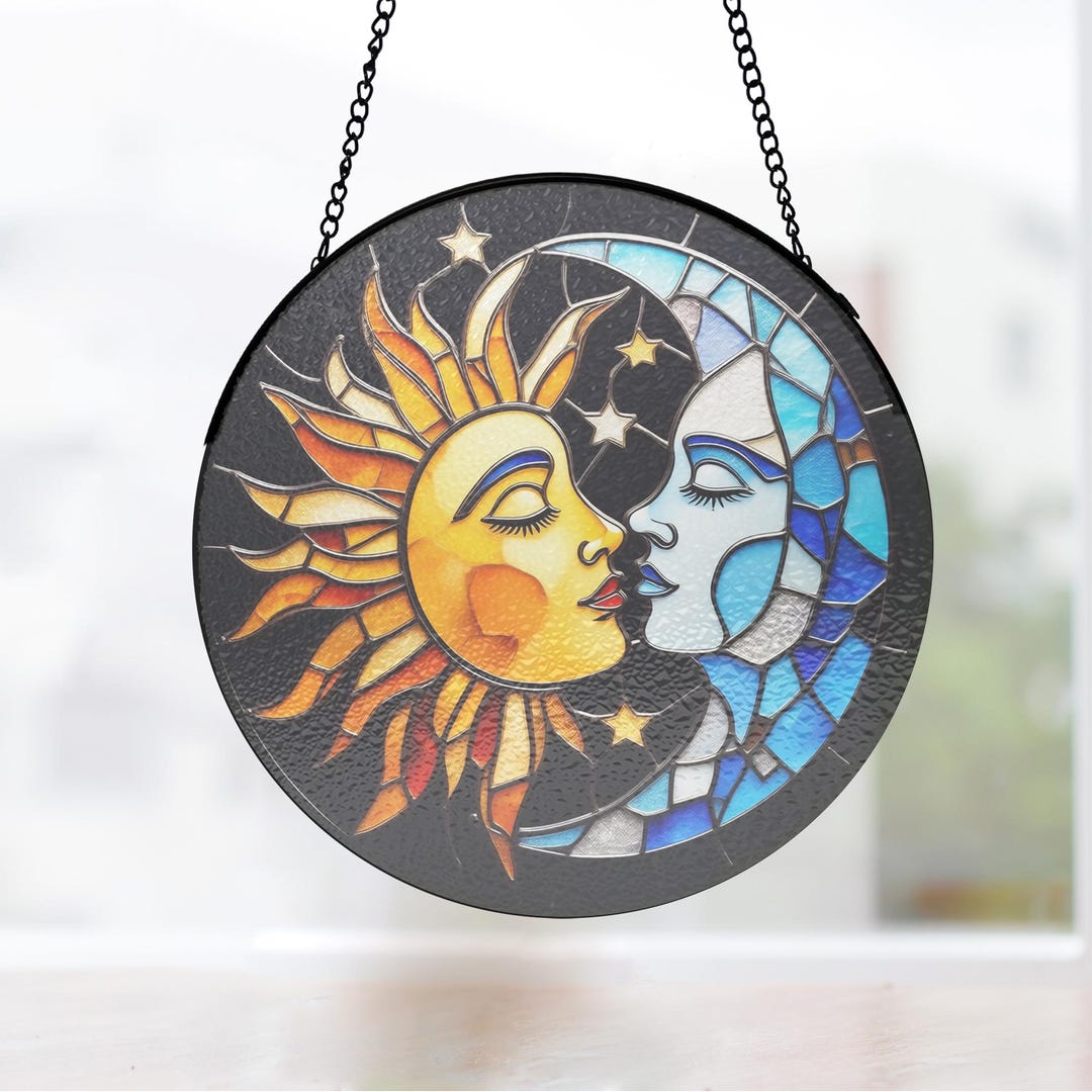 Handmade Sun And Moon Stained Glass Window Hanging Celestial Decor Etsy 