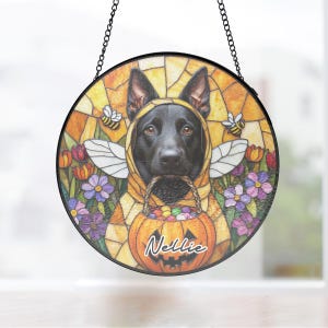 Custom Bee Costume Solid Black German Shepherd dog Suncatcher, Fall Gift with Jack-o'-lantern, Stained Glass for Her